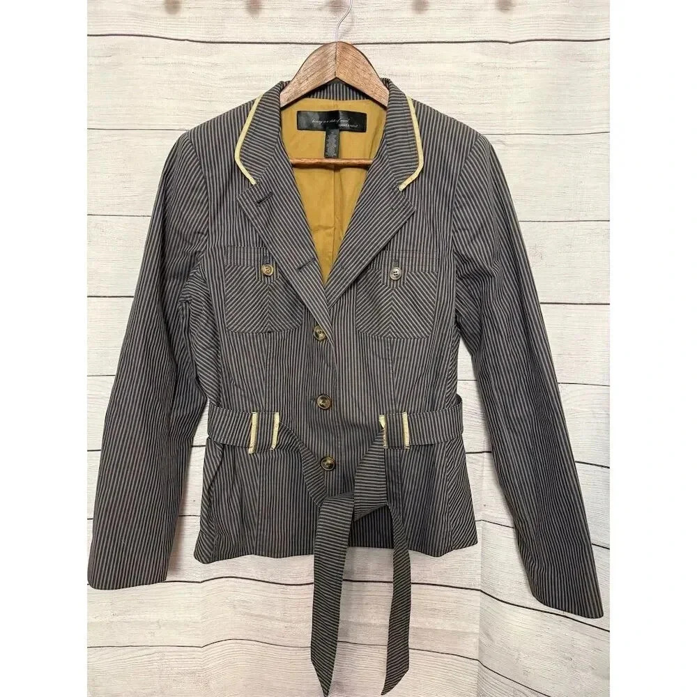 Apostrophe Women's Striped Jacket Size 12 Navy Button-Up Belted Waist - Picture 1 of 10